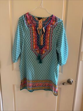 NLW Bright Teal Boho Tunic with Embroidered Yoke. Large